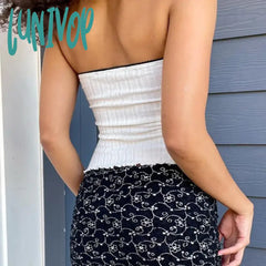 Lunivop Lace Trim Bow Mesh Patchwork Ribbed Tube Top Cutecore 2000S Clothes Y2K Tops White Summer