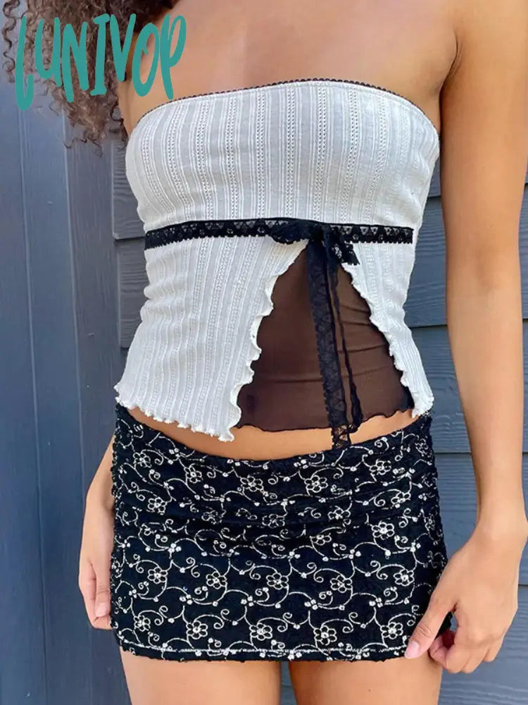 Lunivop Lace Trim Bow Mesh Patchwork Ribbed Tube Top Cutecore 2000S Clothes Y2K Tops White Summer