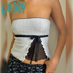 Lunivop Lace Trim Bow Mesh Patchwork Ribbed Tube Top Cutecore 2000S Clothes Y2K Tops White Summer