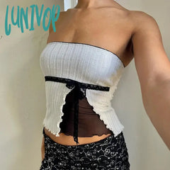 Lunivop Lace Trim Bow Mesh Patchwork Ribbed Tube Top Cutecore 2000S Clothes Y2K Tops White Summer