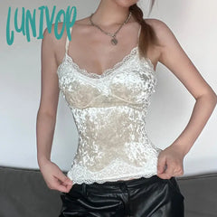 Lunivop Lace Trim Velvet Y2K White Camisole Vintage Aesthetic Cami Top Women Sleeveless V Neck Slim