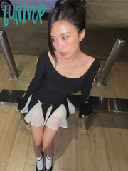 Lunivop Lace Up High Waist Dress For Women Folds Splice Bodycon Mini Hot Girls Street Slim See