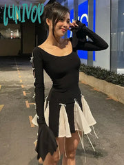 Lunivop Lace Up High Waist Dress For Women Folds Splice Bodycon Mini Hot Girls Street Slim See