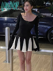 Lunivop Lace Up High Waist Dress For Women Folds Splice Bodycon Mini Hot Girls Street Slim See