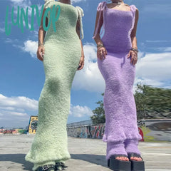 Lunivop Lace Up Long Dress For Women Autumn Winter Fashion High Waist Maxi Female Slim Street