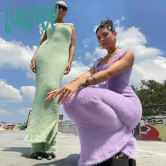 Lunivop Lace Up Long Dress For Women Autumn Winter Fashion High Waist Maxi Female Slim Street