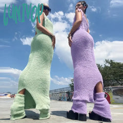 Lunivop Lace Up Long Dress For Women Autumn Winter Fashion High Waist Maxi Female Slim Street