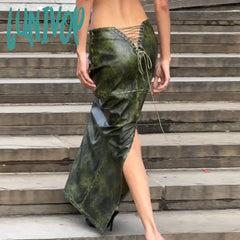 Lunivop Lace Up Pu Skirts For Woman Winter High Waist Slits Slim Elegant Long Femme Fashion Sexy