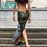 Lunivop Lace Up Pu Skirts For Woman Winter High Waist Slits Slim Elegant Long Femme Fashion Sexy