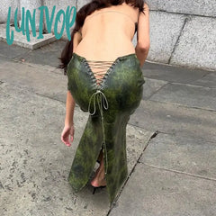 Lunivop Lace Up Pu Skirts For Woman Winter High Waist Slits Slim Elegant Long Femme Fashion Sexy