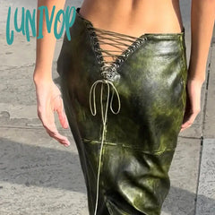 Lunivop Lace Up Pu Skirts For Woman Winter High Waist Slits Slim Elegant Long Femme Fashion Sexy