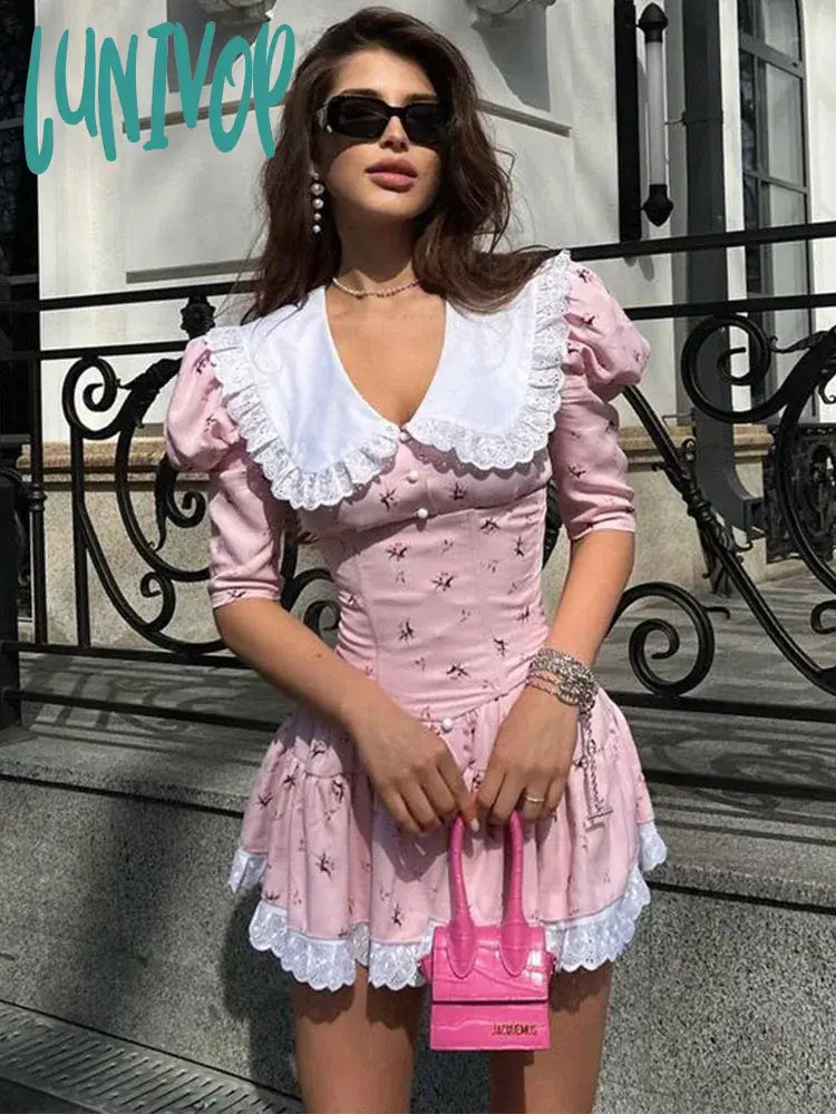 Lunivop Lace-Up Slim Floral Dress Women Elegant Luxury Lace Turn Collar Short Sleeve Folds Dresses
