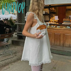 Lunivop Lace V-Neck Backless Bows Suspender Dress Women’s Loose Sleeveless Sexy Solid Vacation