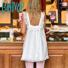 Lunivop Lace V-Neck Backless Bows Suspender Dress Women’s Loose Sleeveless Sexy Solid Vacation
