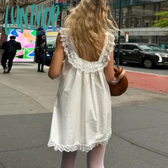 Lunivop Lace V-Neck Backless Bows Suspender Dress Women’s Loose Sleeveless Sexy Solid Vacation