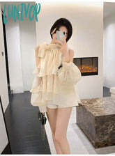 Lunivop Ladies Fashion Tops Summer Shoulderless Chiffon Solid Color Ruffled Shirts Long Puff