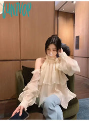 Lunivop Ladies Fashion Tops Summer Shoulderless Chiffon Solid Color Ruffled Shirts Long Puff