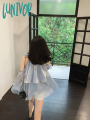 Lunivop Ladies Fashion Tops Summer Shoulderless Chiffon Solid Color Ruffled Shirts Long Puff
