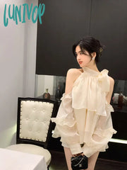 Lunivop Ladies Fashion Tops Summer Shoulderless Chiffon Solid Color Ruffled Shirts Long Puff