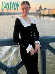 Lunivop Ladies High Waist Ruffled Maxi Dresses For Women Autumn Winter Knitted Slim Long Dress