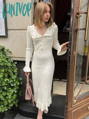 Lunivop Ladies High Waist Ruffled Maxi Dresses For Women Autumn Winter Knitted Slim Long Dress