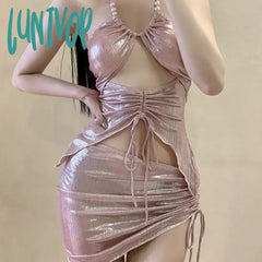 Lunivop Lady Sexy Bikini Set Women Shiny Pink Floral Designer Pearls Hollow Out 3 Piece Swimsuit