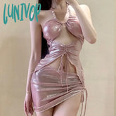 Lunivop Lady Sexy Bikini Set Women Shiny Pink Floral Designer Pearls Hollow Out 3 Piece Swimsuit