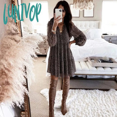 Lunivop Lantern Sleeve Dot Print Ruffles Women Dress Casual V-Neck Long Button Mini Ladies Elegant