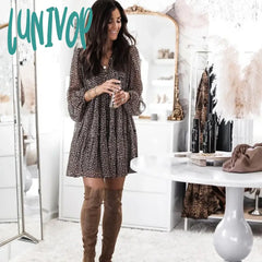 Lunivop Lantern Sleeve Dot Print Ruffles Women Dress Casual V-Neck Long Button Mini Ladies Elegant