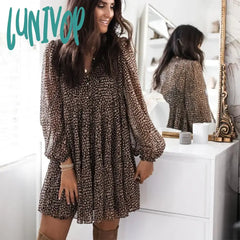 Lunivop Lantern Sleeve Dot Print Ruffles Women Dress Casual V-Neck Long Button Mini Ladies Elegant