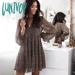 Lunivop Lantern Sleeve Dot Print Ruffles Women Dress Casual V-Neck Long Button Mini Ladies Elegant