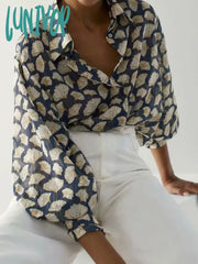 Lunivop Leaves Printed Shirts For Women Single Breasted Long Sleeve Lapel Collar Casual Blouses