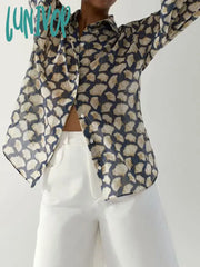 Lunivop Leaves Printed Shirts For Women Single Breasted Long Sleeve Lapel Collar Casual Blouses