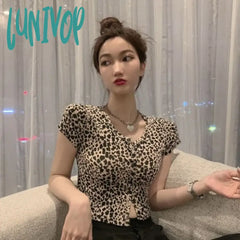 Lunivop Leopard Animal Print Tshirt For Women Vintage Summer Crop Top Chic And Elegant T-Shirt Y2K