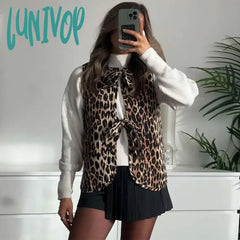 Lunivop Leopard Bow Women Vest Animal Print Coquette Y2K Fashion V-Neck Lace Up 2024 Summer Tops