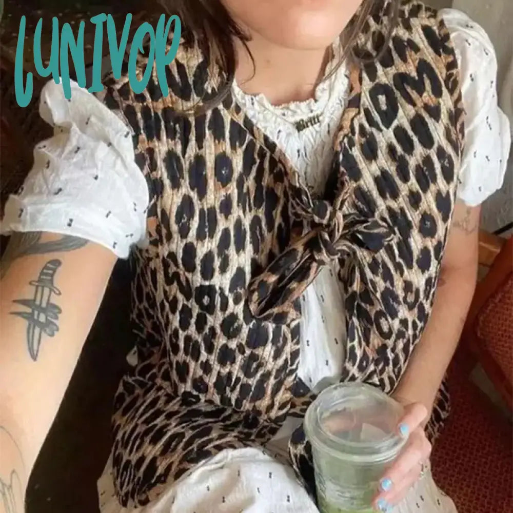 Lunivop Leopard Bow Women Vest Animal Print Coquette Y2K Fashion V-Neck Lace Up 2024 Summer Tops