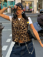 Lunivop Leopard Print Pin Vest For Women V-Neck Sleeveless Fashion Hot Girl Cardigan Top Female