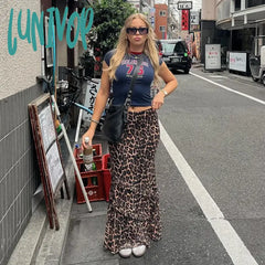 Lunivop Leopard Print Ruffled Long Skirts For Women Elastic High Waisted Patchwork Loose Female