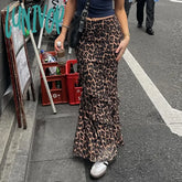 Lunivop Leopard Print Ruffled Long Skirts For Women Elastic High Waisted Patchwork Loose Female