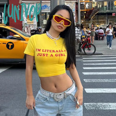 Lunivop Letter Print Yellow Tops For Woman Y2K Graphic Tee Street Fashion Short Sleeve Crop Top T