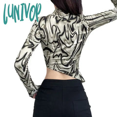 Lunivop Letter Printed Long Sleeve T Shirt Sexy Women Retro Niche Water Ripple Crop Tops Autumn