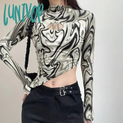 Lunivop Letter Printed Long Sleeve T Shirt Sexy Women Retro Niche Water Ripple Crop Tops Autumn