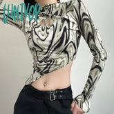 Lunivop Letter Printed Long Sleeve T Shirt Sexy Women Retro Niche Water Ripple Crop Tops Autumn