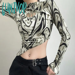 Lunivop Letter Printed Long Sleeve T Shirt Sexy Women Retro Niche Water Ripple Crop Tops Autumn