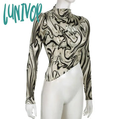 Lunivop Letter Printed Long Sleeve T Shirt Sexy Women Retro Niche Water Ripple Crop Tops Autumn