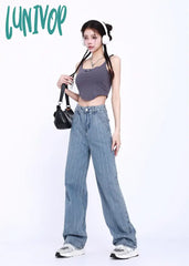 Lunivop Light Blue Stripe Women’s High Waisted Straight Jeans Summer New Basic Style Paired Loose
