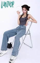 Lunivop Light Blue Stripe Women’s High Waisted Straight Jeans Summer New Basic Style Paired Loose