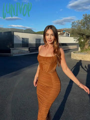 Lunivop Long Evening Party Dresses Mesh Wedding Guest Dinner Maxi Dress Sexy Elegant Ruched