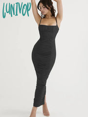 Lunivop Long Evening Party Dresses Mesh Wedding Guest Dinner Maxi Dress Sexy Elegant Ruched