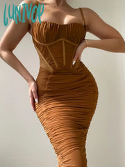 Lunivop Long Evening Party Dresses Mesh Wedding Guest Dinner Maxi Dress Sexy Elegant Ruched